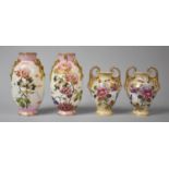 A Pair of Late 19th/20th Century Floral Decorated Vases with Applied Ribbon Handles, 19cm high