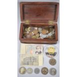 A Far Eastern Hardwood Box Containing Various British and Foreign Coins and Banknotes etc, 20cm x