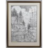 A Framed Print Depicting Lakeside House with Birds, 28x40cm