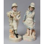 A Large Pair of Bisque Porcelain Figures of Young Boy and Girl, 45cms High