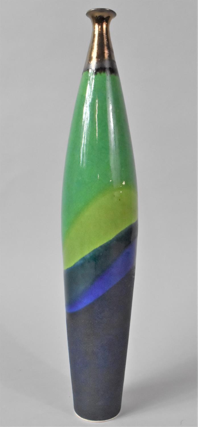 An Elongated Glazed Studio Pottery Vase Decorated with Green, Blue and Bronze Enamels, 37cms High