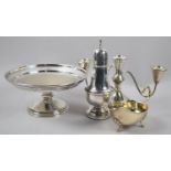 A Collection of Silver Plate to Include Three Branch Candelabra, Sugar Sifter, Bowl and Sauceboat