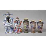 Two Oriental Ceramic Taoist Figures together with Pair of Japanese Satsuma Vases and One Other (