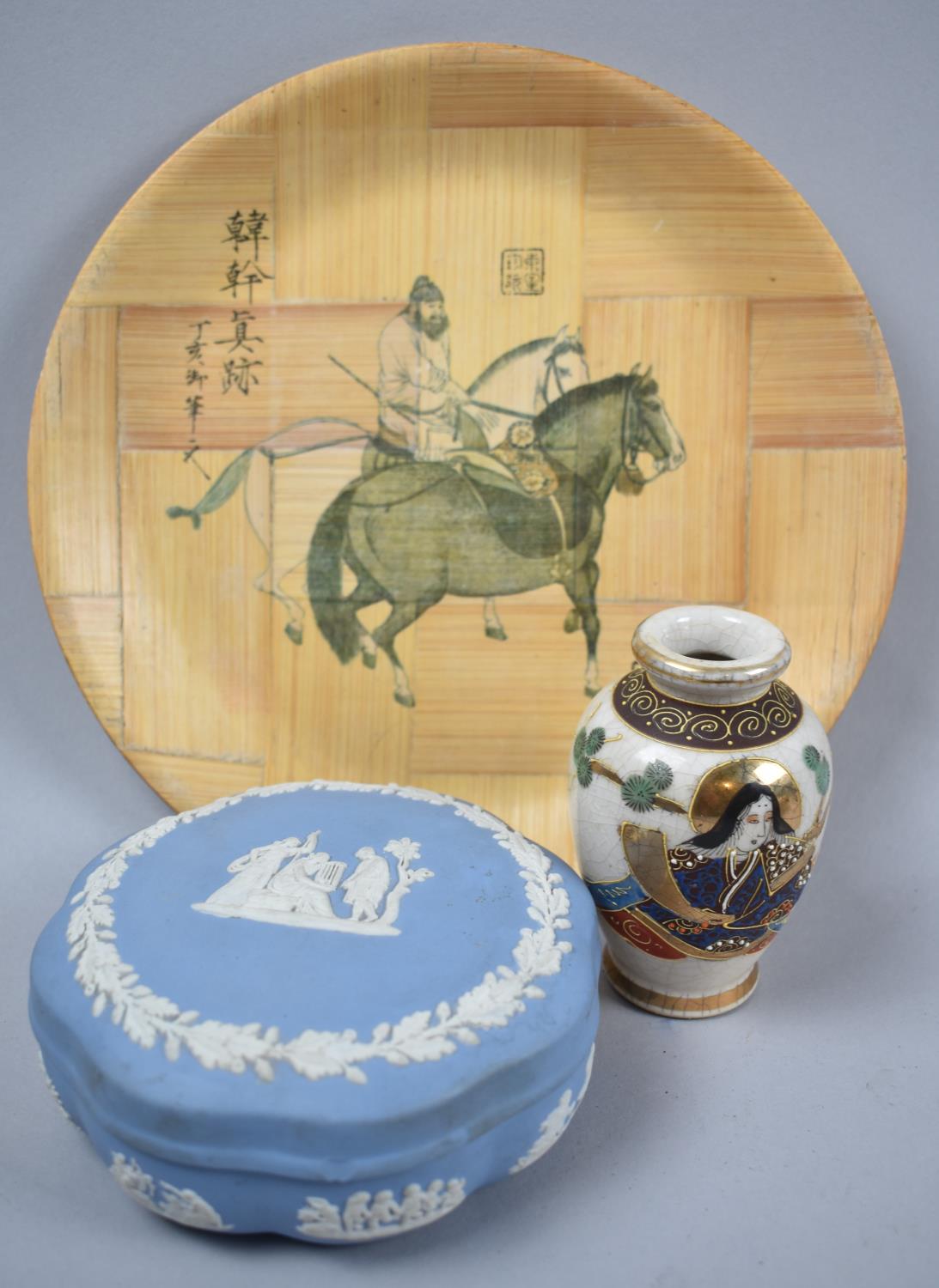 A Wedgwood Blue Jasperware Circular Box, Circular Decorated Plate and Satsuma Vase