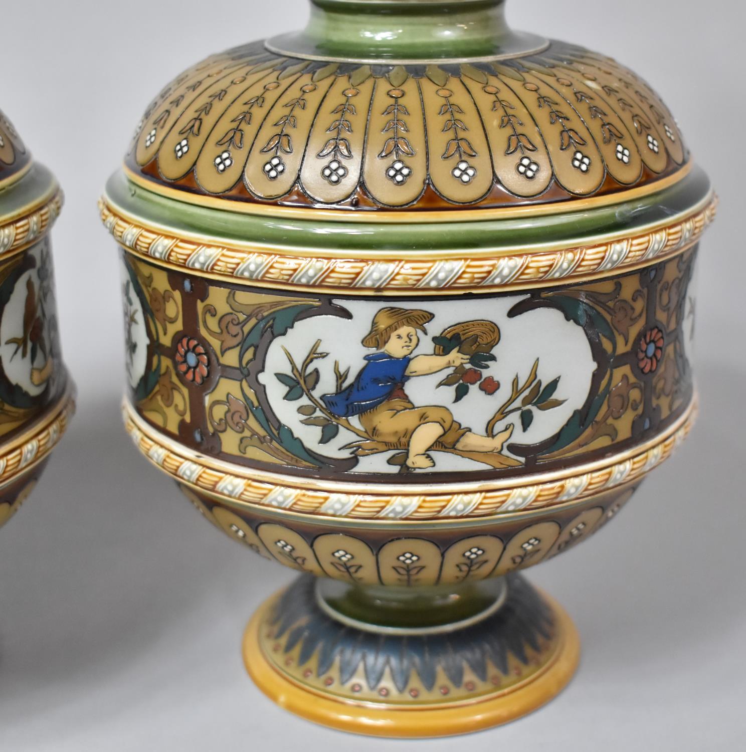 A Pair of Mettlach Salt Glazed Stoneware Vases in Usual Colour Enamels, 32cm high - Bild 3 aus 4