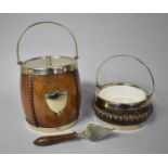 An Edwardian Silver Plate Mounted Biscuit Barrel Together with a Silver Plate Mounted Oak Butter