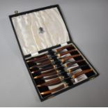 A Cased Set of Six Elkington Antler Handled Steak Knives and Forks