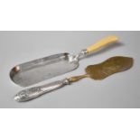 A French Silver Handled Cake Slice and Silver Banded Bone Handled and Silver Plate Crumb Tray