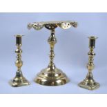 A Pair of Polished Brass Victorian Candlesticks, One AF Together with a Victorian Pierced Circular