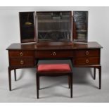 A Stag Mahogany Kneehole Dressing Table with Five Drawers, Triple Mirrors and Complete with Stool