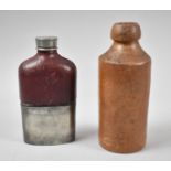 A Salt Glazed Pitt and Norrish Bottle Together with a Leather Mounted Glass Hip Flask
