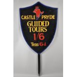 A Vintage Painted Wooden Shield Shaped Sign for Castle Pryde, Guided Tours 1/6 - Teas 6d, 145cm high