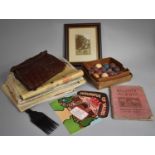 A Collection of Items to Include Crocodile Skin Vintage Handbag, Stamp Album, 1970's Newspapers etc