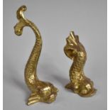 Two Moulded Gilt Metal Stands in the Form of Dolphins, Made in Malta, Tallest 18.5cm high