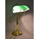A Reproduction Desktop Brass and Green Glass Reading Lamp with Adjustable Barrel Support and