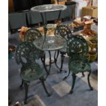 Two Green Painted White Metal Circular Garden Patio Tables and Four Matching Chairs, Largest Table