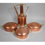 An Islamic Copper Coffee Pot together with Three Copper Lidded Pots