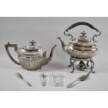 A Silver Plated Spirit Kettle on Stand Complete with Burner together with a Silver Plated Teapot