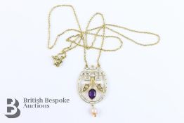 Edwardian Amethyst, Pearl and Enamel Pendant