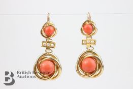 Pair of Yellow Gold and Coral Earrings