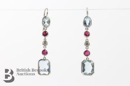 Pair of White Gold Aquamarine Ruby and Diamond Earrings