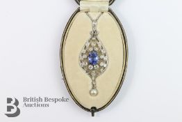 Natural Cornflower Blue Ceylonese Sapphire and Pearl Pendant