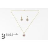 9ct Gold Diamond and Ruby Pendant and Earrings