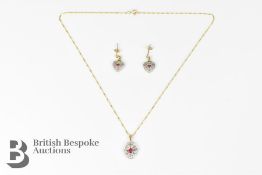 9ct Gold Diamond and Ruby Pendant and Earrings