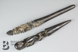 Two Wood Carved Short Staffs