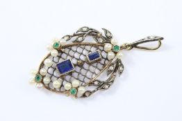 Victorian 14ct Sapphire, Emerald, Pearl and Diamond Pendant