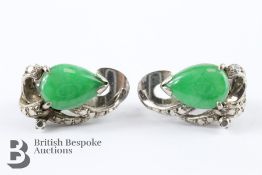 Pair of Chinese 14ct White Gold and Jade Clip Earrings