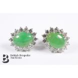 Pair White Gold Cabochon Jade and Diamond Earrings