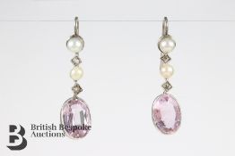 Pair of White Gold Pearl and Tourmaline Earrings