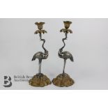 Pair of Continental Mixed Metal Stork Candlesticks