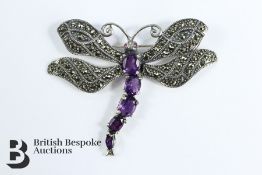 Silver Marcasite and Amethyst Dragon Fly Brooch