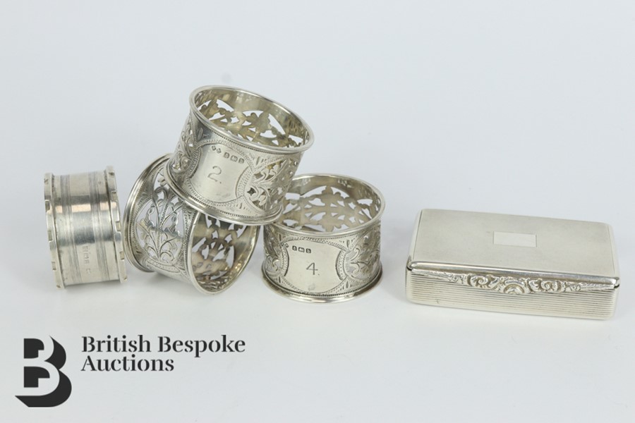 Silver Snuff Box and Napkin Rings