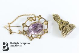 9ct Gold Amethyst and Pearl Brooch