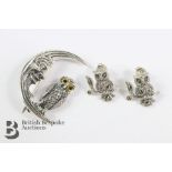A Silver Owl Brooch & Earrings