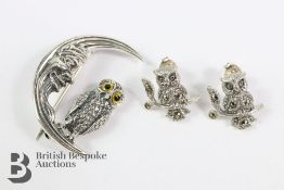 A Silver Owl Brooch & Earrings