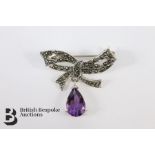 Silver, Marcasite and Amethyst Drop Bow Shaped Brooch