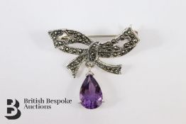 Silver, Marcasite and Amethyst Drop Bow Shaped Brooch