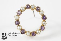 9ct Gold Pearl and Amethyst Brooch