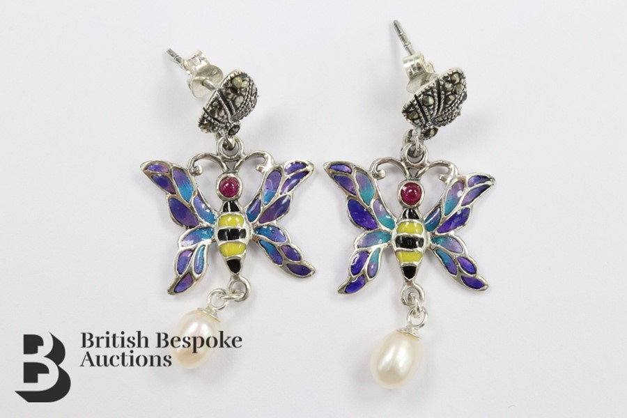 Pair of Silver and Plique a Jour Butterfly Earrings - Image 2 of 2