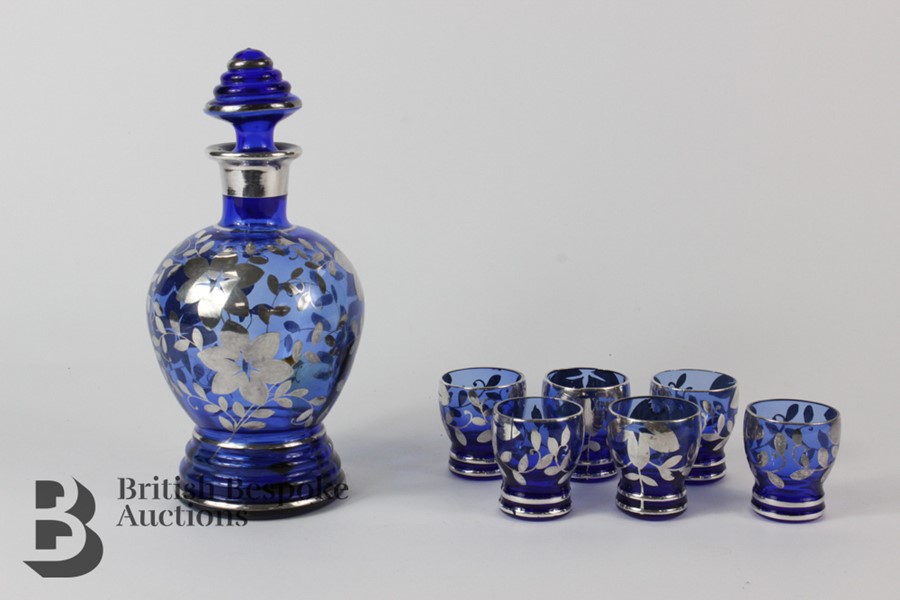 Continental Blue Glass Decanter and Glasses