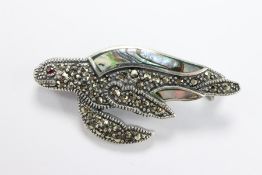 Silver Marcasite and Mother of Pearl Turtle Brooch