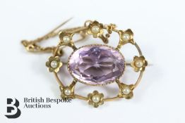 9ct Gold Amethyst and Pearl Brooch