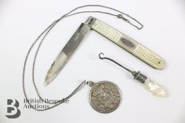 Silver and Mother of Pearl Fruit Knife, Button Hook and Chain