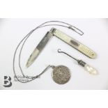 Silver and Mother of Pearl Fruit Knife, Button Hook and Chain