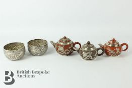 Two Silver Bowls and Three Miniature Tea Pots