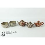 Two Silver Bowls and Three Miniature Tea Pots